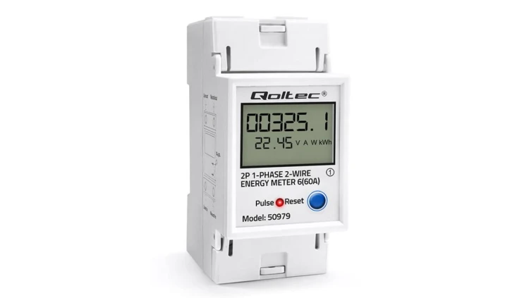 Qoltec Jednofazowy elektroniczny licznik zużycia energii na szynę DIN RESET licznik okresowy i stały 230V 60A LCD LED 2P