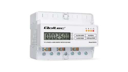 Qoltec Trójfazowy elektroniczny licznik miernik zużycia energii na szynę DIN 400V 100A LCD LED 7P