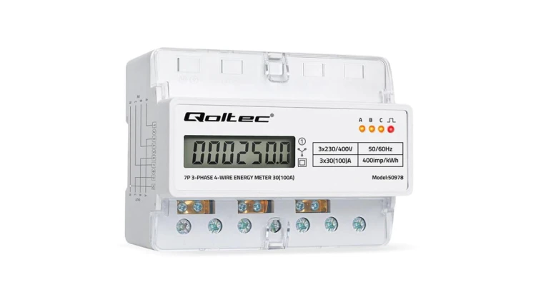 Qoltec Trójfazowy elektroniczny licznik miernik zużycia energii na szynę DIN 400V 100A LCD LED 7P