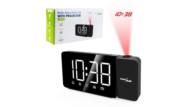 Radiobudzik cyfrowy LED z projektorem GreenBlue,radio FM, alarm, zegar 12/24, zasilanie USB 5V DC + CR2032, GB172