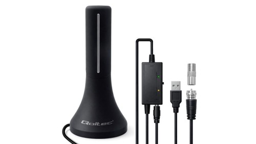 Qoltec Wewnętrzna mocna Antena TV DVB-T/T2 wzmacniacz sygnału 4K wysoki zysk 32dBi 360º Kabel 4m