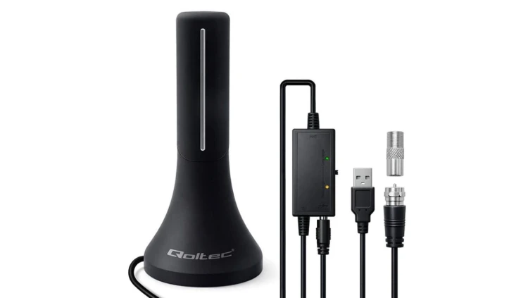 Qoltec Wewnętrzna mocna Antena TV DVB-T/T2 wzmacniacz sygnału 4K wysoki zysk 32dBi 360º Kabel 4m