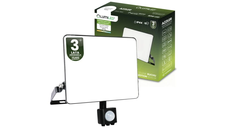 Naświetlacz LED AZZLER 50W 6000lm 4000K IP44 Halogen Zewnętrzny Lampa z Czujnikiem Ruchu Czarny LUMILED