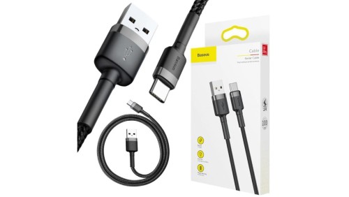 KABEL USB-A - USB-C Baseus Cafule CATKLF-BG1 100cm 3A QC 3.0 CZARNO-SZARY W NYLONOWYM OPLOCIE