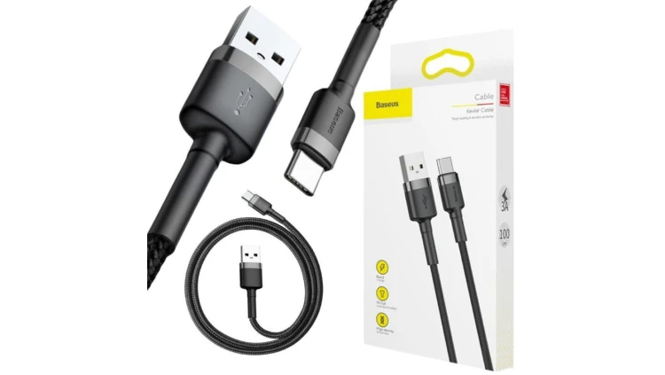 KABEL USB-A - USB-C Baseus Cafule CATKLF-BG1 100cm 3A QC 3.0 CZARNO-SZARY W NYLONOWYM OPLOCIE