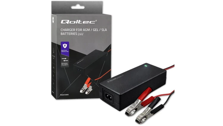 Qoltec Automatyczna ładowarka do akumulatora AGM GEL STD Prostownik 24V 2A 48W LED Kabel 1.8m