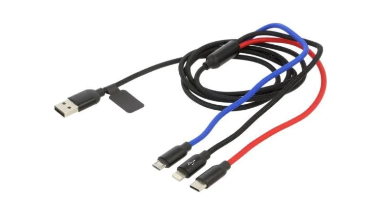 Kabel USB 2.0 1,2m czarny, czerwony, niebieski tekstylny 3,5A CAMLT-BSY01
