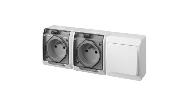 Łącznik schodowy pojedynczy natynkowy + gniazdo 2x 2p+Z Schuko bryzgoszczelny IP44 biały HERMES ELEKTRO-PLAST NASIELSK