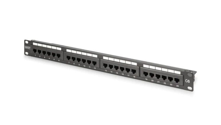 Panel krosowy 19 24x RJ45, LSA pion, kat.6, nieekranowany, 1U,czarny,prowadnica kabli,pola opisowe DN-91624U-CR