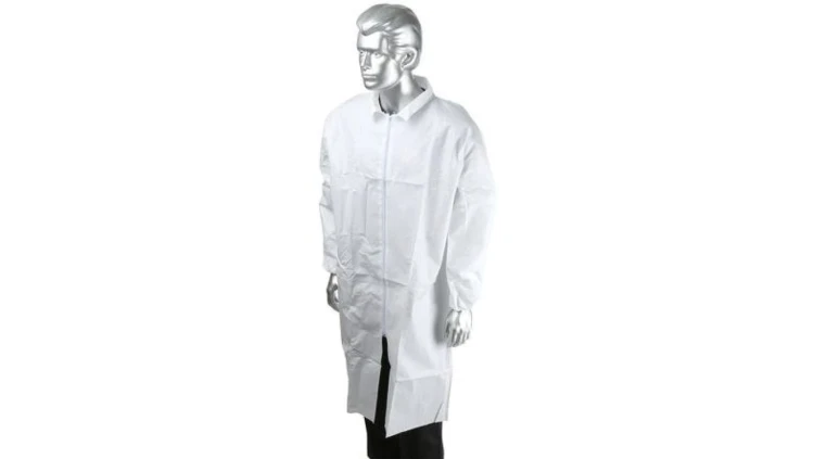 Fartuch laboratoryjny, Unisex, Biały, rozmiar: L, Pomieszczenia sterylne, Zamek błyskawiczny, Polipropylenowe,