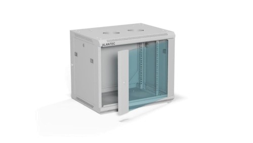 Szafa rack wisząca 19 cali 9U 600x450, drzwi szklane, tył i osłony boczne demontowalne, ZŁOŻONA kolor szary ALANTEC