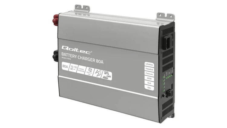 Qoltec Inteligentna profesjonalna ładowarka Monolith do akumulatorów LiFePO4 AGM GEL SLA 80A 12V Szybkie ładowanie