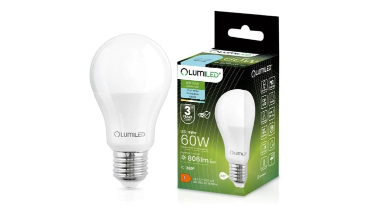 Żarówka LED E27 A60 8W = 60W 806lm 6500K Zimna 260 LUMILED