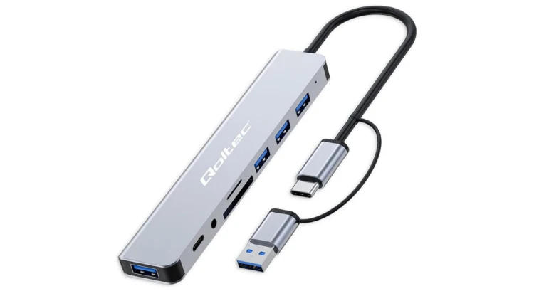 Qoltec Hub Adapter 8w1 USB-C/USB USB-C 4xUSB SD/TF card JACK 3.5mm TRRS