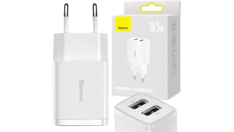 ŁADOWARKA SIECIOWA Baseus Compact Charger CCXJ010202 10.5W 2x USB-A BIAŁA