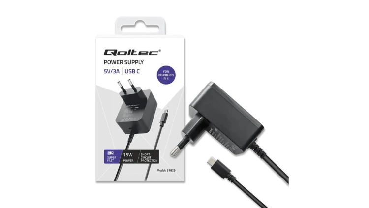 Qoltec Ładowarka Super FAST PD do Raspberry PI 4 USB-C 15W 5V 3A Czarna