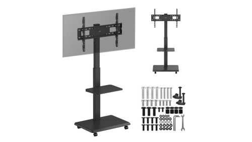 Stand / wózek dla TV Ergo-Office, max. obciążenie 50kg / 5kg półka, max. VESA 600x400, wbud. listwa zasil., czarny, ER-304 B