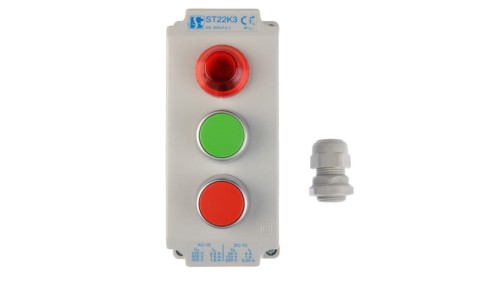 Kaseta sterownicza 3-otworowa z przyciskami zielony/czerwony + lampka sygnalizacyjna IP65 ST22K3\05-1