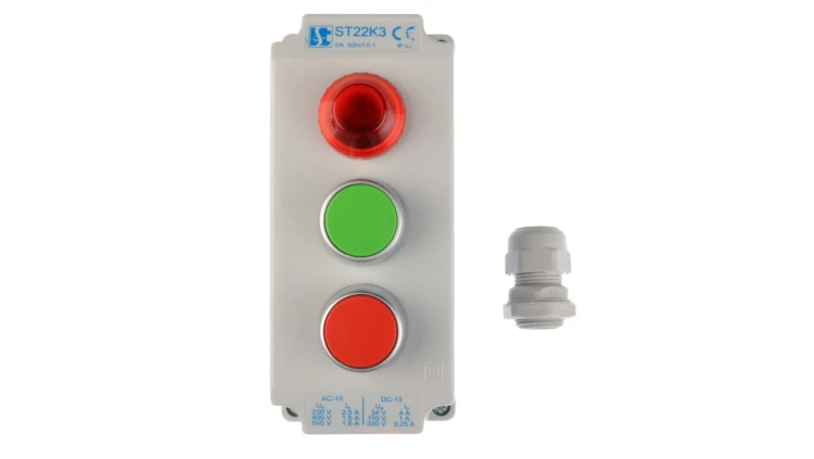 Kaseta sterownicza 3-otworowa z przyciskami zielony/czerwony + lampka sygnalizacyjna IP65 ST22K3\05-1