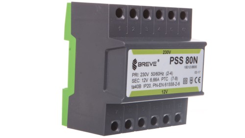 Transformator 1-fazowy modułowy bezpieczeństwa PSS 80N 230/ 12V 6,6A, na szynę DIN, IP20, Ta 40, 16012-9906