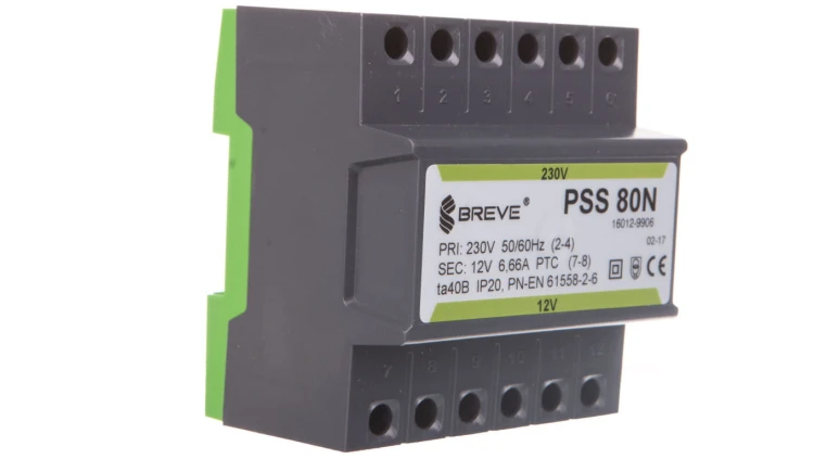 Transformator 1-fazowy modułowy bezpieczeństwa PSS 80N 230/ 12V 6,6A, na szynę DIN, IP20, Ta 40, 16012-9906