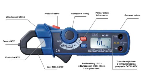 Mały miernik cęgowy 200A AC/DC True RMS z bezdotykowym próbnikiem napięcia i latarką LED FC-36