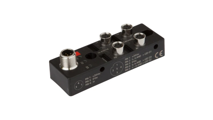 Moduł logiczny 27x88x31mm AND 2x2x 10-30V DC -30-85 stC złącze M8 żeńskie 3-pinowe złącze M12 męskie 5-pinowe IP67 VL310114