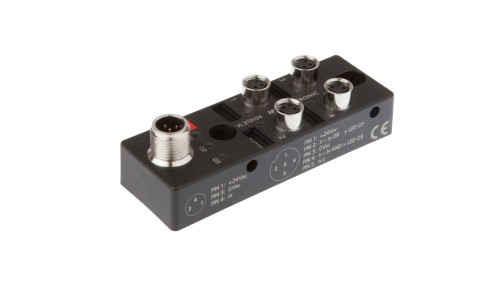 Moduł logiczny 27x88x31mm AND/OR 4-krotny 10-30V DC -30-85 stC złącze M8 żeńskie 3-pinowe złącze M12 męskie 4-pinowe IP67 VL3101