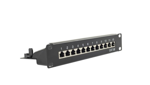 Patch panel RACK 10 cali kat.5e 12p FTP z półką 1U czarny NEKU