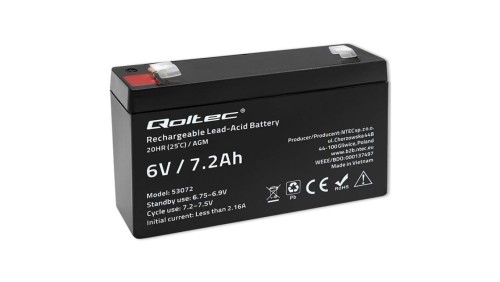 Qoltec Akumulator AGM 6V 7.2Ah Bezobsługowy Wydajny LongLife do zabawek, pojazdów