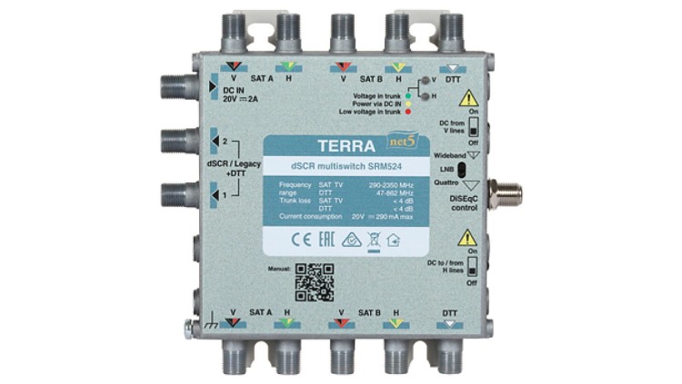 Multiswitch przelotowy SRM-524 Terra z aktywnym torem FM/DAB/DVB-T i wbudowanym AGC - klasa A system Digital SCR/Unicable