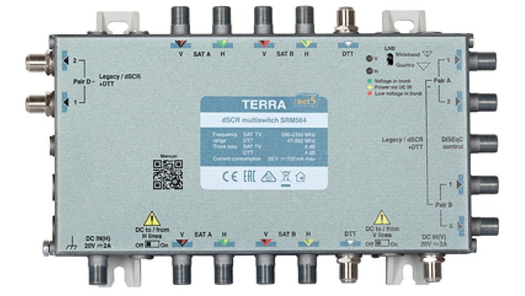 Multiswitch przelotowy SRM-564 Terra z aktywnym torem FM/DAB/DVB-T i wbudowanym AGC - klasa A system Digital SCR/Unicable
