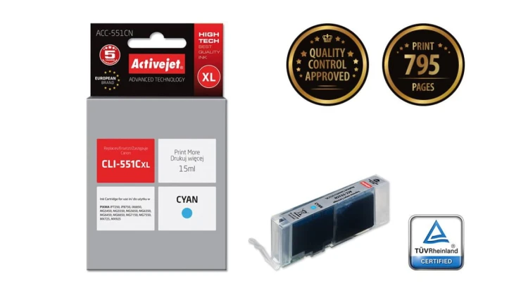Tusz Activejet ACC-551CN (zamiennik Canon CLI-551C Supreme 15 ml niebieski)