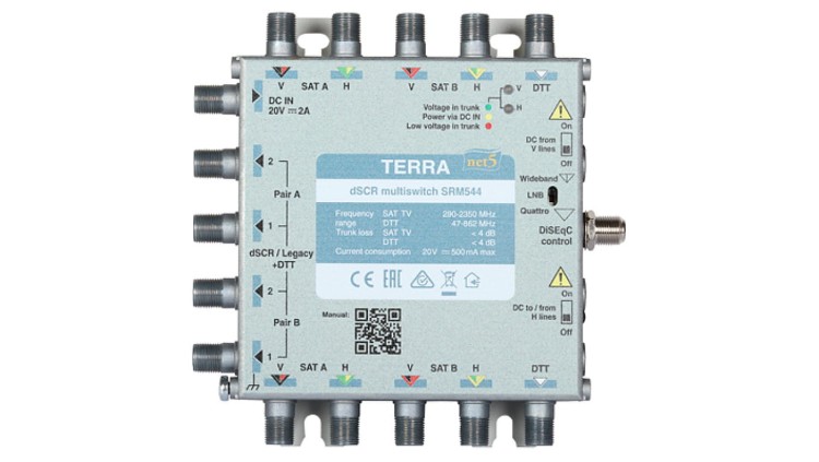 Multiswitch przelotowy SRM-544 Terra z aktywnym torem FM/DAB/DVB-T i wbudowanym AGC - klasa A system Digital SCR/Unicable