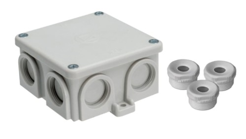 Puszka natynkowa, materiał-bakelit, kolor RAL7035, IP54, 500V, 7 wyjść, 3 dławiki WN16 K76/3WN16