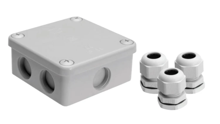 Puszka natynkowa, materiał-bakelit, kolor RAL7035, IP54, 500V, 7 wyjść, 3 dławiki PG16 K85/3PG16