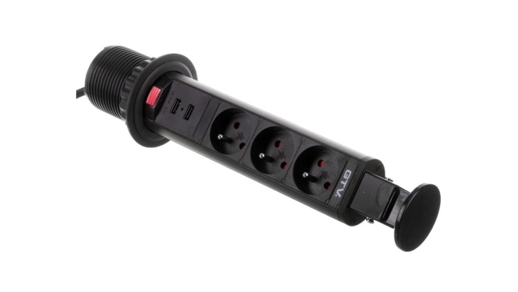 Biurkowy przedłużacz wpuszczany fi 60mm czarny 3x gniazdo z uziemieniem 2xUSB 2,1A 5V AE-BPW3U60U-20