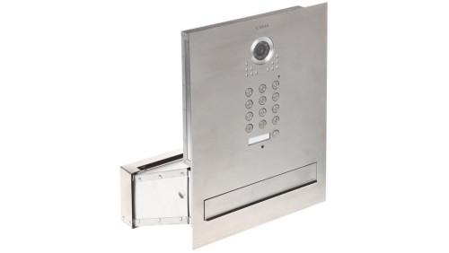 Skrzynka na listy z wideodomofonem, przelotowa, jednowrzutowa wykonana z frezowanej stali szlachetnej, wbudowany szyfrator