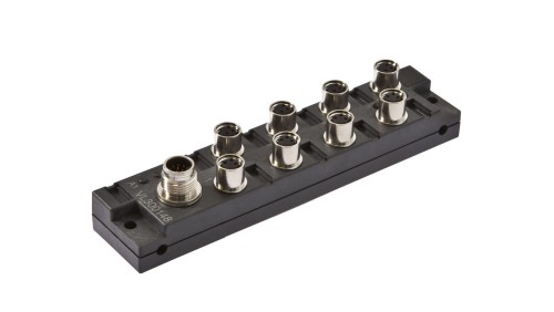 Moduł logiczny 26x136x30mm AND 4-krotny 10-30V DC złącze M8 żeńskie 3-pinowe złącze M12 męskie 12-pinowe IP67 VL300148
