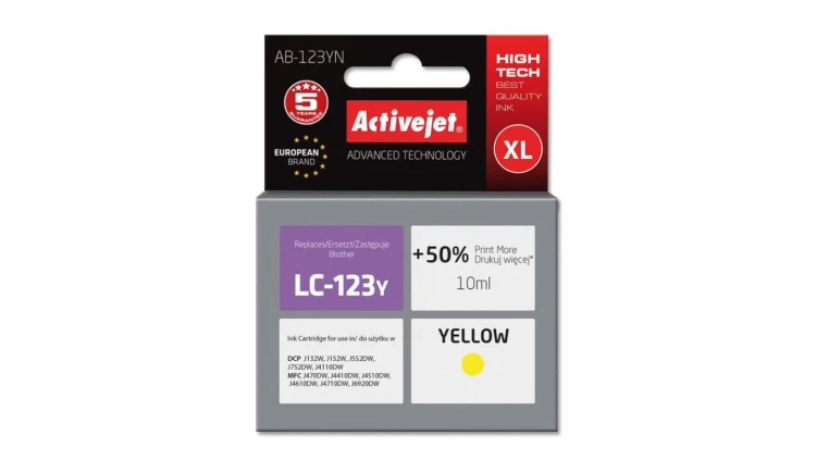 Tusz Activejet AB-123YN (zamiennik Brother LC123Y/121Y Supreme 10 ml żółty)