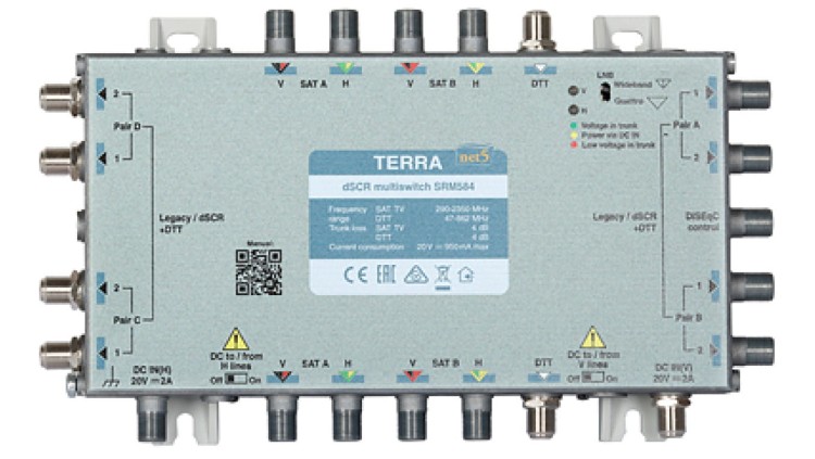 Multiswitch przelotowy SRM-584 Terra z aktywnym torem FM/DAB/DVB-T i wbudowanym AGC - klasa A system Digital SCR/Unicable