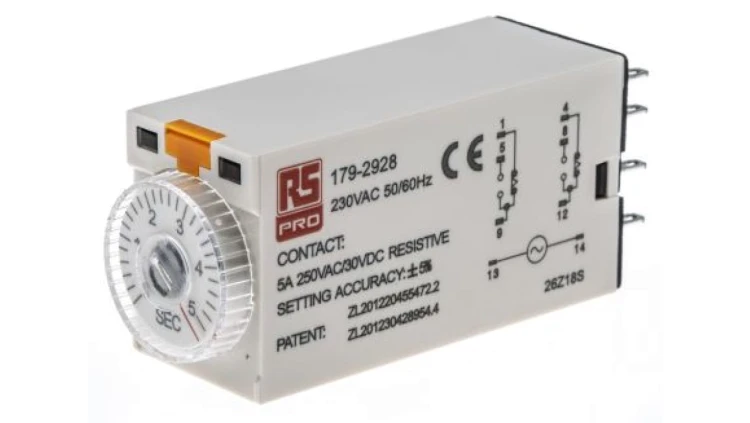 Przekaźnik czasowy zwłoczny jednofunkcyjny 0.2 → 5s DPDT 2-stykowy DPDT 230V ac
