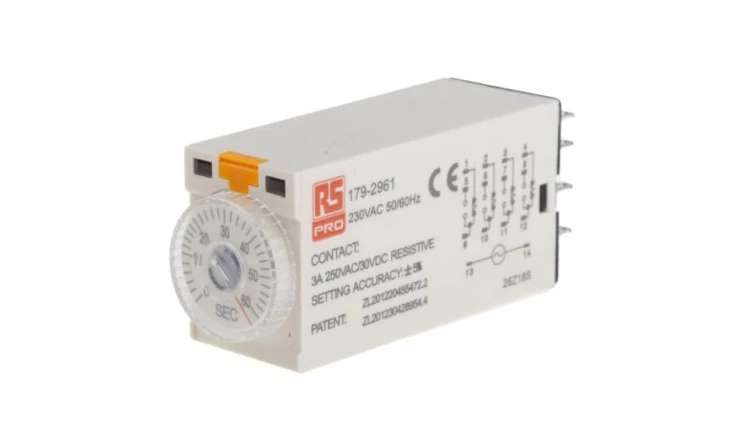 Przekaźnik czasowy zwłoczny jednofunkcyjny 2 → 60s 4PDT 4-stykowy 4PDT 230V ac