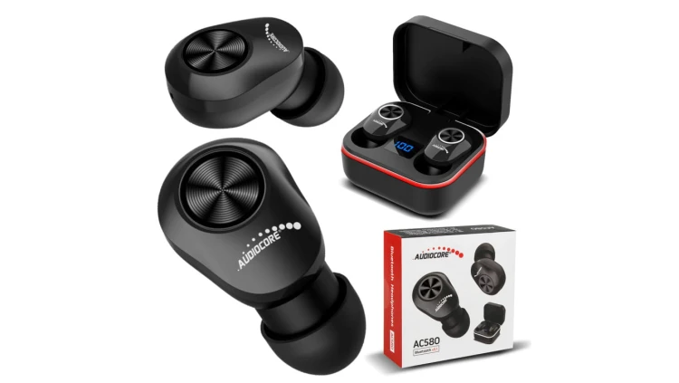 Douszne słuchawki TWS BT 5.1 Audiocore z bazą do ładowania 300mAh, słuchawki 30mAh, czarne AC580