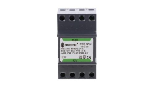 Transformator 1-fazowy modułowy bezpieczeństwa PSS 30N 230/ 12V 2,5A, na szynę DIN, IP20, Ta 40, 16012-9891