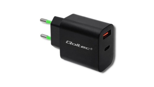 Qoltec Ładowarka sieciowa 18W 5-12V 1.5-3A USB typ C PD USB QC 3.0 Czarna