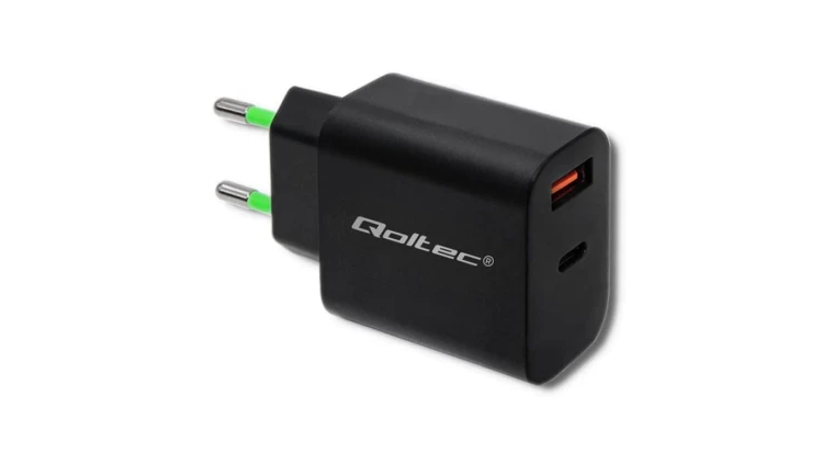 Qoltec Ładowarka sieciowa 18W 5-12V 1.5-3A USB typ C PD USB QC 3.0 Czarna