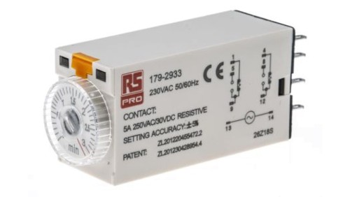Przekaźnik czasowy zwłoczny jednofunkcyjny 0.1 → 3min DPDT 2-stykowy DPDT 230V ac