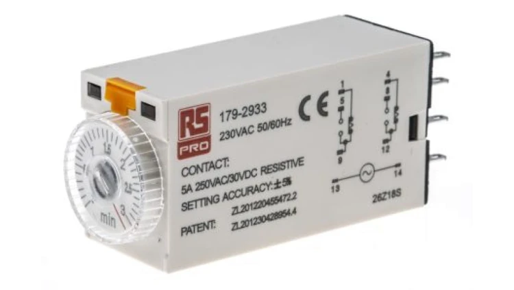 Przekaźnik czasowy zwłoczny jednofunkcyjny 0.1 → 3min DPDT 2-stykowy DPDT 230V ac