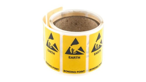 Etykieta ESD Żółty Winyl, Tekst: Earth Bonding Point, Antyelektrostatyczny, Angielski